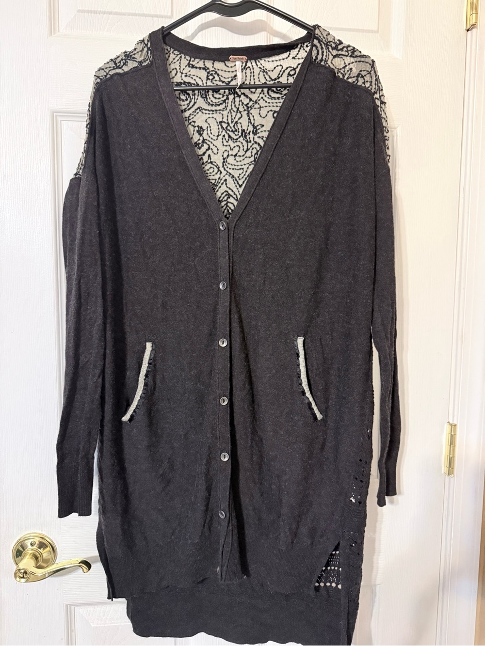 Free People Charcoal Button-Front V-Neck Cardigan with Cream Trim